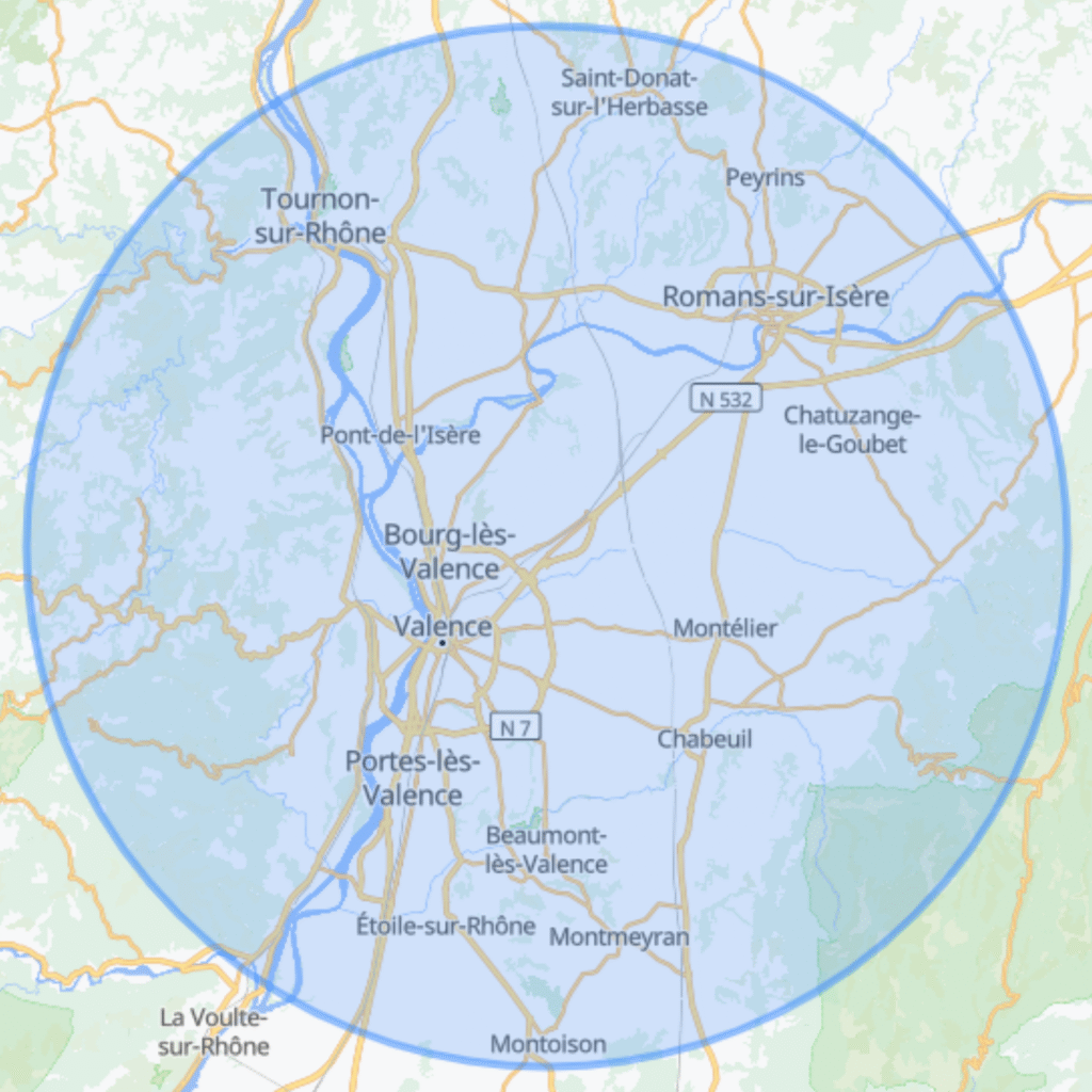 carte montrant la zone autour de Valence dans laquelle Aurore propose les accompagnements périnataux à domicile.