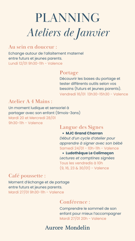 planning des ateliers parentalité proposé en collectif sur Valence au mois de Janvier.