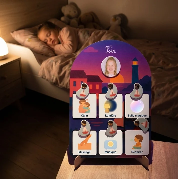 Cartes du rituel dodo pour enfant, avec une petite fille endormie paisiblement en arrière-plan